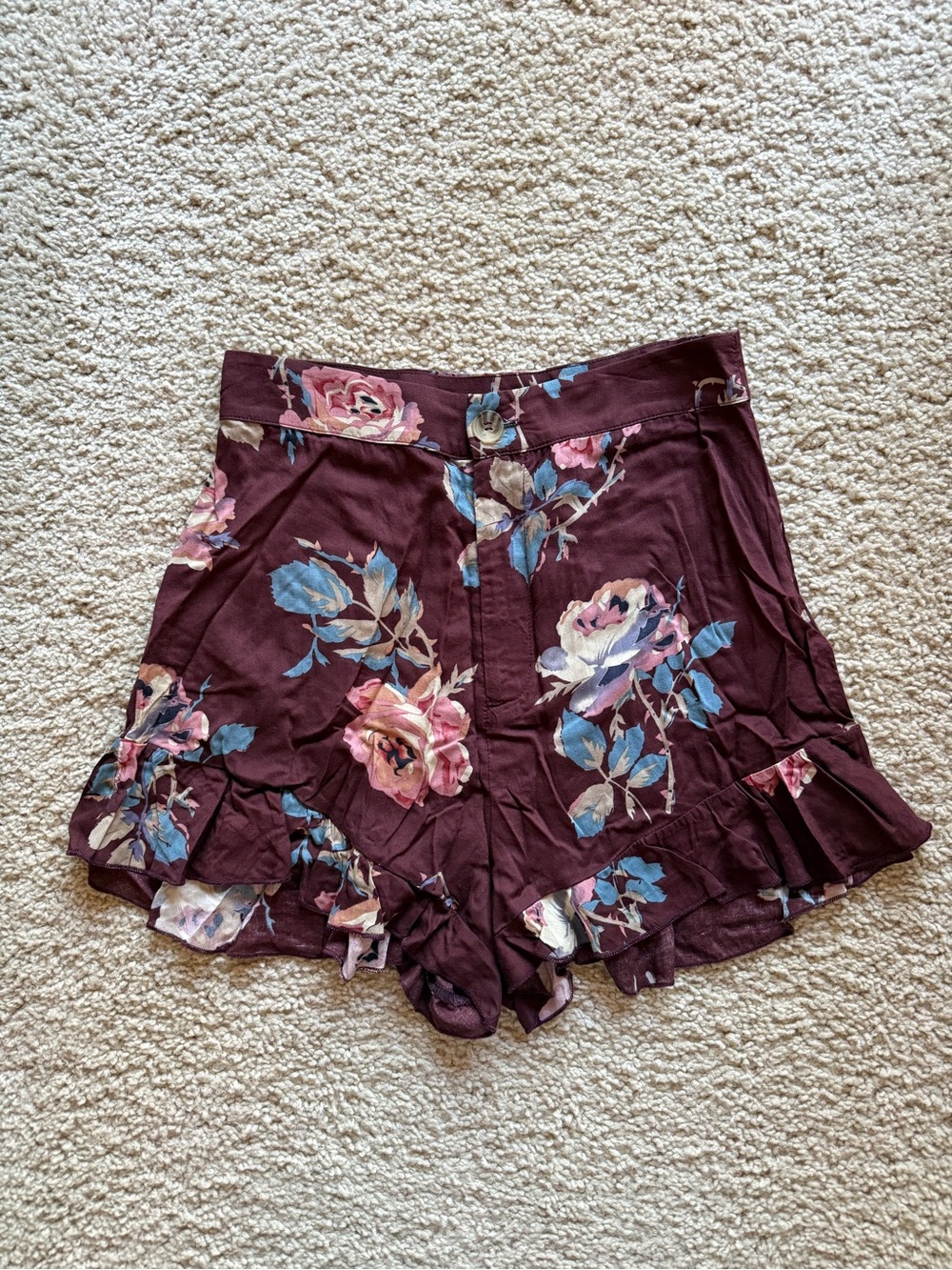 Show Me Your MuMu Burgundy Floral High-Waist Ruffle Shorts